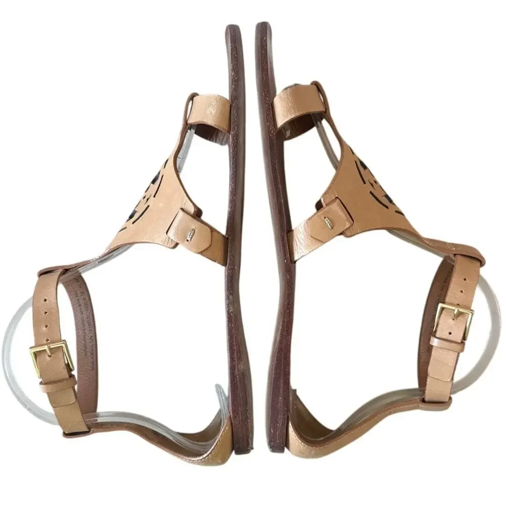 Tory Burch Zoey Leather Sandals Tan Cutout Logo Flat Size‎ 8